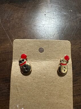 Gold Snowman Stud Earrings for Kids in Red Accent